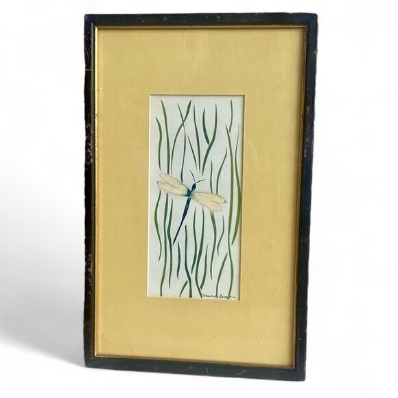 Vintage Artist Signed Watercolor Dragonfly Dandelion Flower Matted Framed Art - Picture 3 of 16